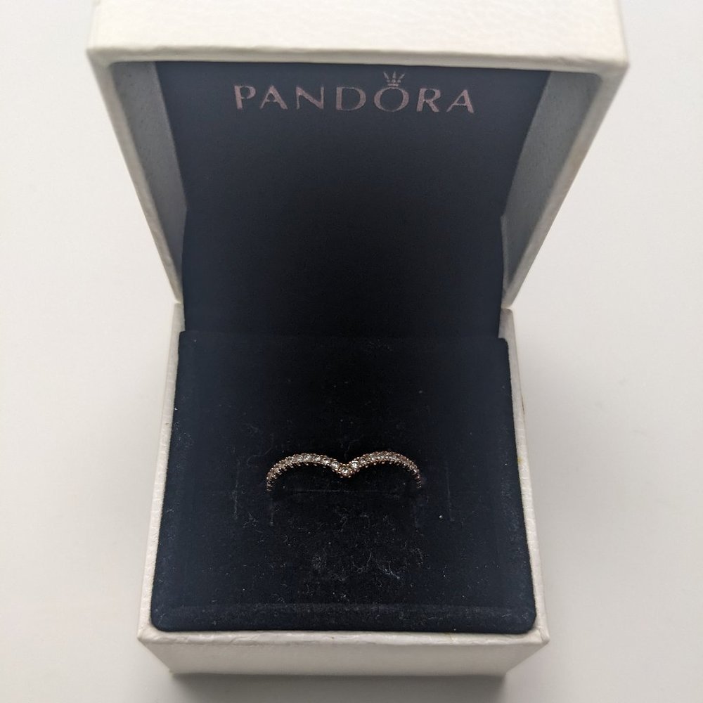 PRE OWNED PANDORA ROSE GOLD PLATED SPARKLING WISHBONE RING SIZE 6.00 (52)